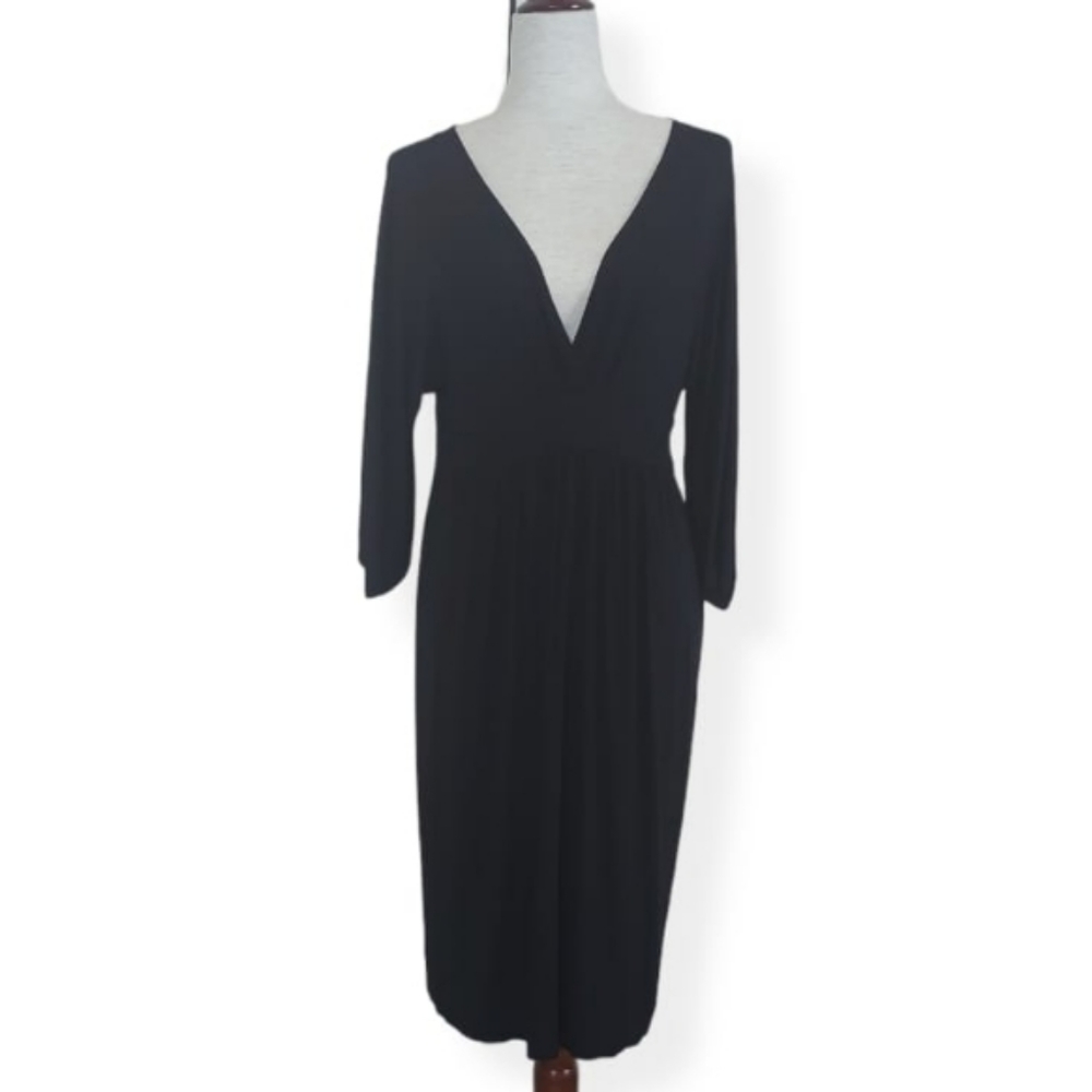 VINCE V-neck Low Cut Empire Waist 3/4 Sleeve Black Dress Size Medium
